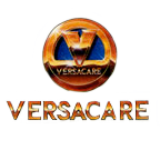 Logo for Versacare featuring a golden circle with a reflective letter 'V' inside